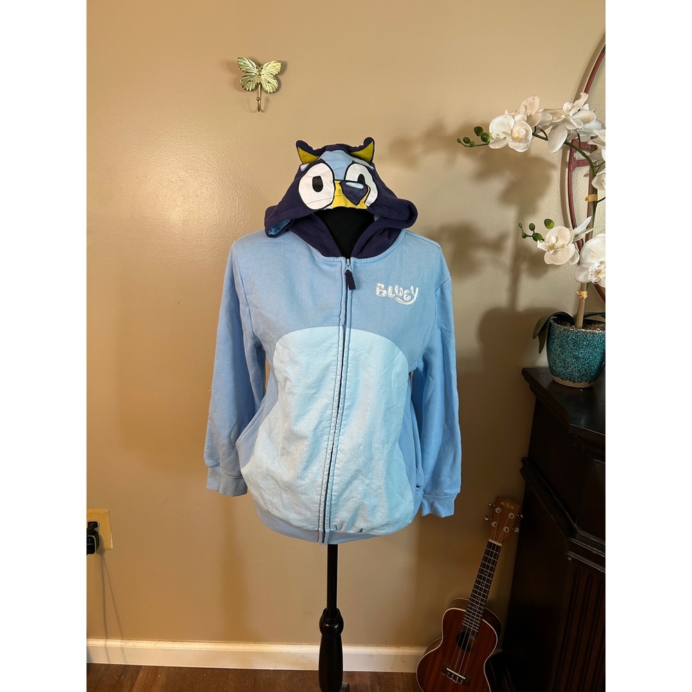 Bluey Kids Zip Up Hoodie Light Blue Character Sweatshirt With Ears Size XL TG
